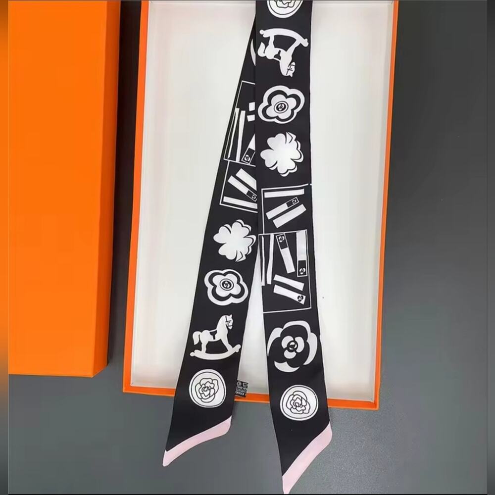 Black White Floral Pink Trim CC Scarf twilly